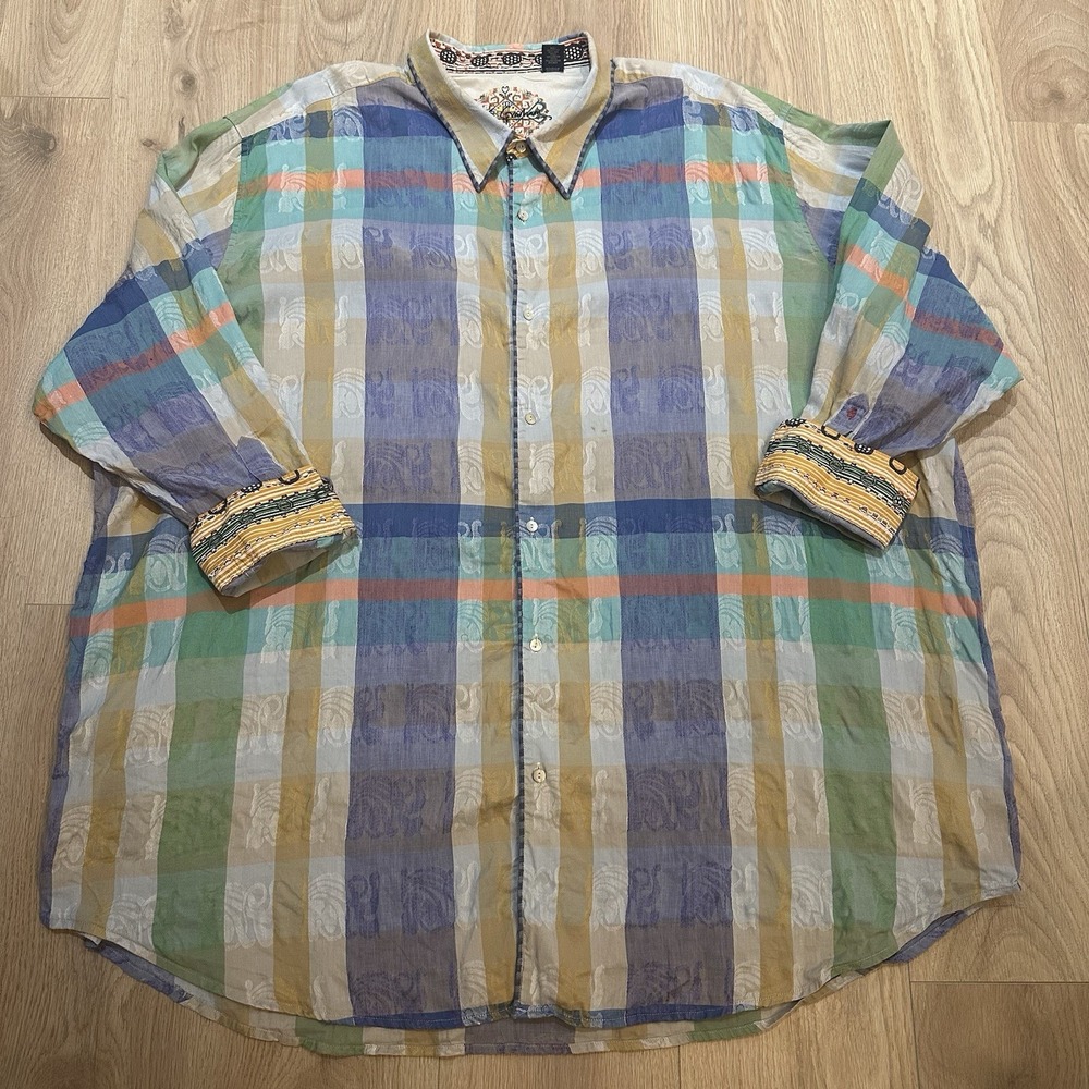 Robert‎ Graham Men's 5XLB Long Sleeve Multicolor Check Plaid Cotton Linen Silk!